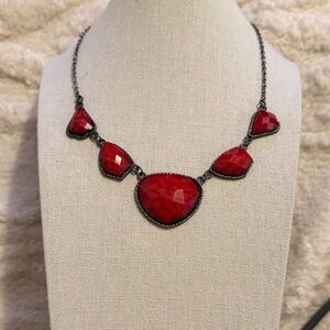 Dramatic Red Necklace with Black/ Gunmetal Tone  Chain and extender.